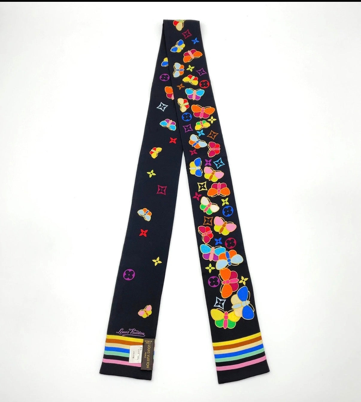 Pre-owned Louis Vuitton Silk Black Butterfly Bandeau Scarf