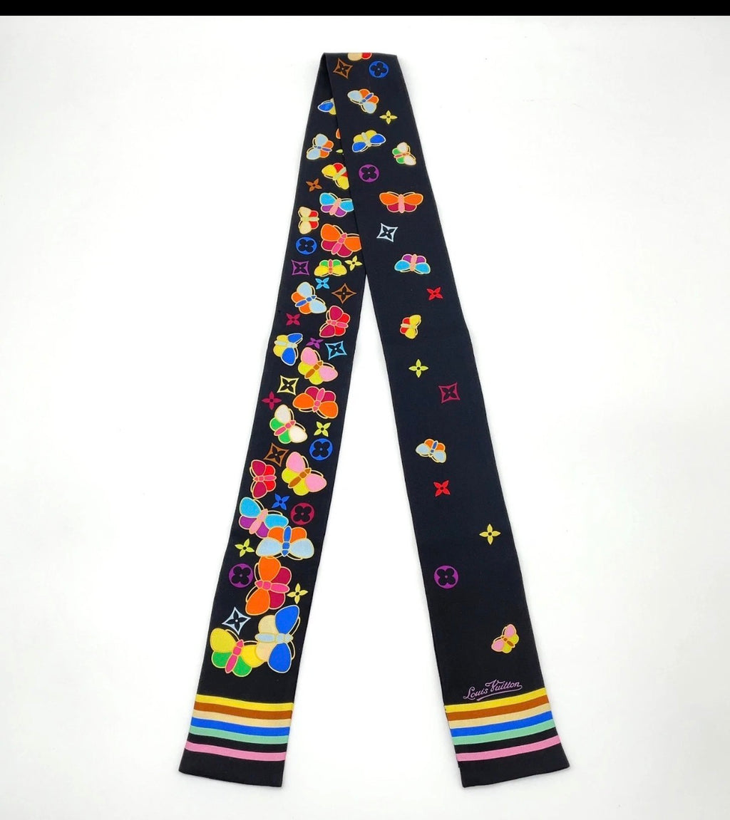 Pre-owned Louis Vuitton Silk Black Butterfly Bandeau Scarf