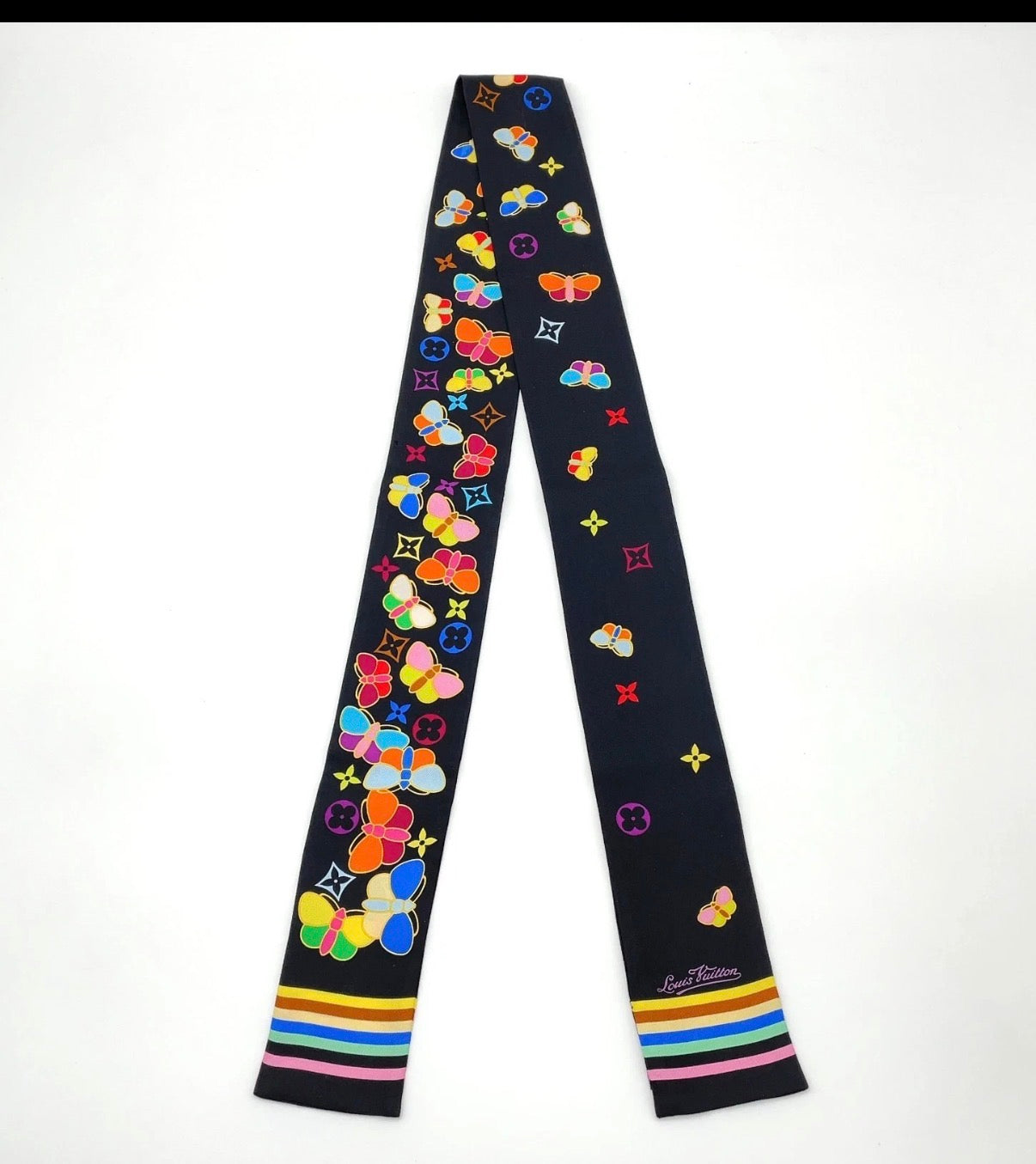Pre-owned Louis Vuitton Silk Black Butterfly Bandeau Scarf